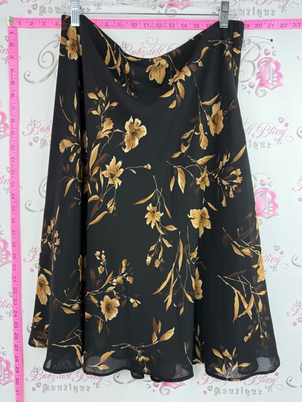 Skirt Y2K Black Floral Circle midi Skirt with Gold Print feminine flowy fabric